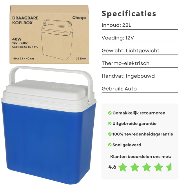 Cheqo® Auto Koelbox 22L - Draagbaar en Elektrisch 12V - Autokoelbox - Frigobox - Ideaal voor Camping - Kunststof