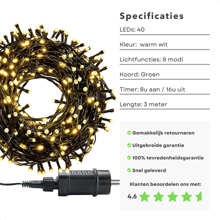 Cheqo® Kerstverlichting - Kerstboomverlichting - Kerstlampjes - Sfeerverlichting - LED Verlichting - Voor Binnen en Buiten - Tuinverlichting - Feestverlichting - Lichtsnoer - 40 LED's - 3M - Warm Wit - Timer - 8 Lichtfuncties - Geheugen Kerstboomverlichting