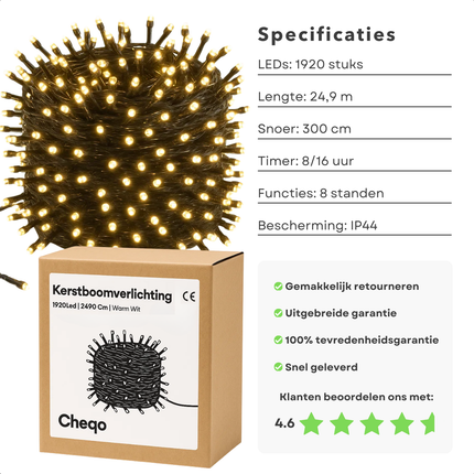 Cheqo® Kerstverlichting - Kerstlampjes - Kerstboomverlichting  - 1920 LED - Warm Wit - Verlichte Lengte 25 Meter - 8 Lichtfuncties - Automatische Timer - Binnen en Buiten - IP44 Adapter - Geheugenfunctie - Moderne Verlichting