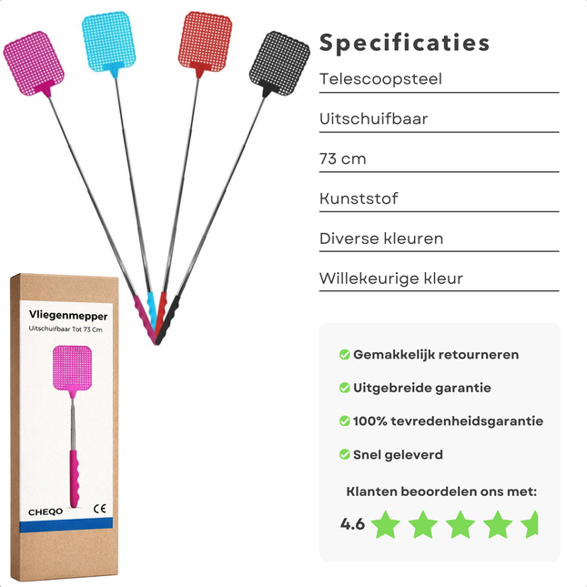 Cheqo® Uitschuifbare Vliegenmepper - Telescopische Vliegenmepper - Vliegenmepper met Telescoopsteel - Lange Vliegenmepper - XL Vliegenmepper - Vliegenmeppers