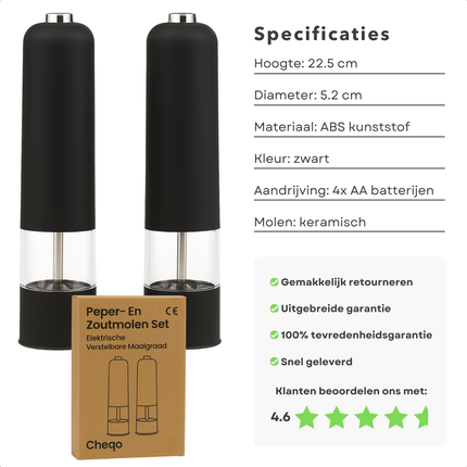Cheqo® Elektrische Peper- En Zoutmolen - Zout & Pepermolen Stel Elektrisch - Verstelbare Maalgraad - Keramische Molen - Met Drukknop - Met Licht - Set Van 2 Stuks - ABS Kunststof - RVS Onderdelen - Zwart - Op Batterijen - Luxe Kwaliteit