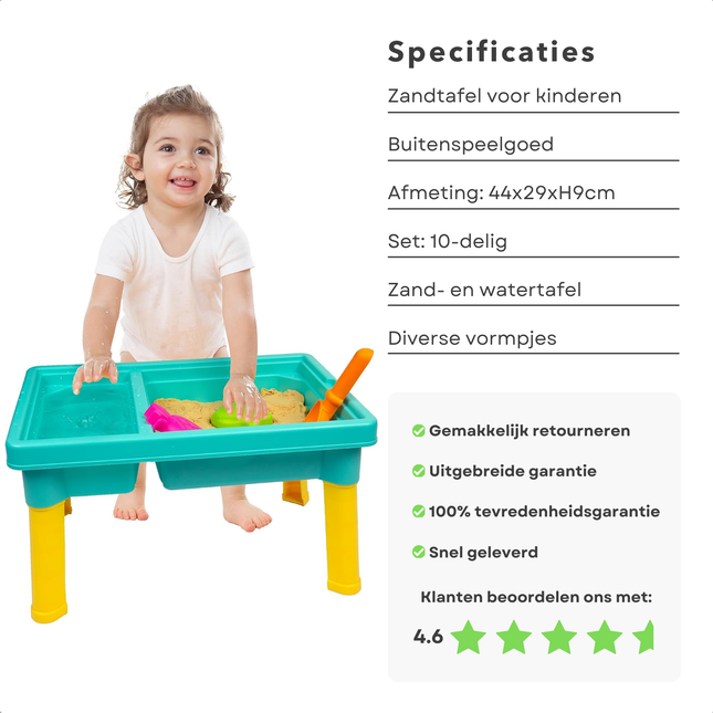 Child playing with Cheqo zand- en watertafel, featuring diverse speelgoedvormpjes and dimensions 44x29xH9cm, rated 4.6 stars.