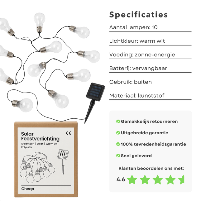 Cheqo® Solar Feestverlichting - 10 Lampen - Warm Wit Licht - Vervangbare Batterij - Tuinverlichting Op Zonne-Energie - Lichtslinger Buiten - Sfeerverlichting - Transparante Lampen - Energiezuinig - Tuin Decoratie