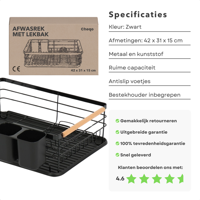 Cheqo® Metalen Afwasrek - Afdruiprek - Vaatdroger - Zwart - Vaatwasrek - Keukenrek - Met Lekbak en Bestekhouder
