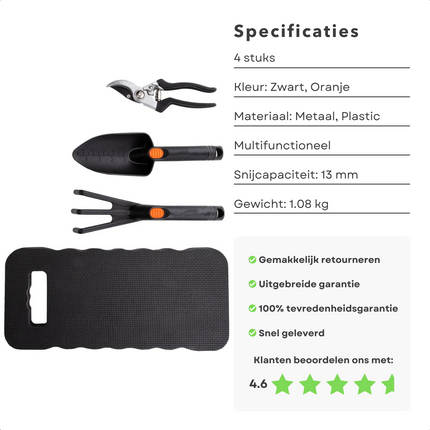 Cheqo® Complete Tuingereedschap Set - Schepje - Klauw - Snoeischaar - Kniemat - 4-delige Set - Tuingereedschapset - Tuinbenodigdheden - Tuinieren - Plantjes Planten - Lichtgewicht - Voor Tuinliefhebbers Tuingereedschapset
