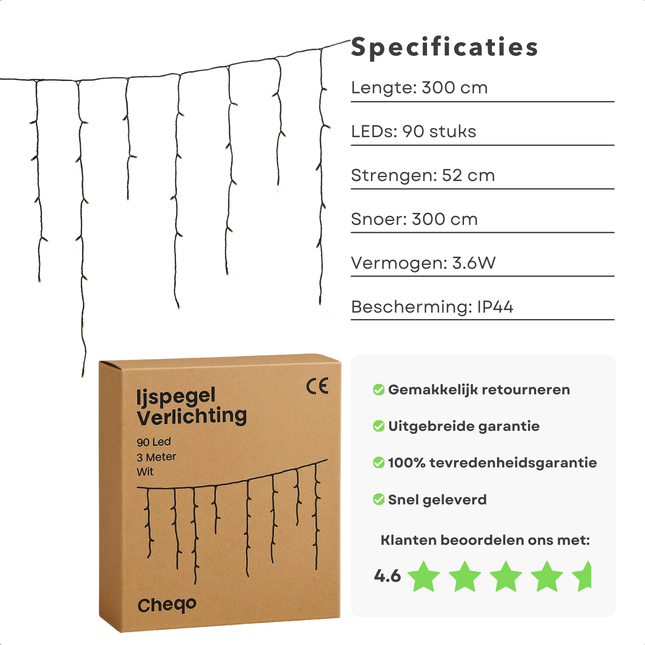 Cheqo® Ijspegel Verlichting - LED Ijspegel - 90 LED Lampjes - 3 Meter Lang - Wit Licht - Binnen En Buiten - Lichtgordijn - IP44 Adapter - Energiezuinig - Kerstverlichting - Raamdecoratie - Muurdecoratie - 3.6W Verbruik - 3V 15mA