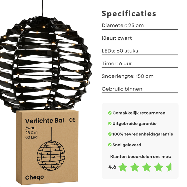 Cheqo® Verlichte Bal - Kerst Decoratie - Kerstfiguur - Zwarte Bal - 25 cm Diameter - 60 Led - Warm Wit Verlichting - Verlichting - Metaal En Kunststof - Kerstverlichting Binnen - Batterij - IP20 - Timer Functie