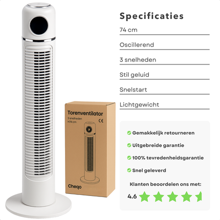 Cheqo® Torenventilator - Ventilator - Fan - Airco Alternatief - Kolomventilator - Stille Ventilator Slaapkamer - Met Afstandsbediening en Oscillatie