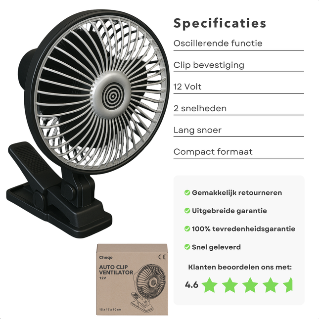 Cheqo® Autoventilator 12 Volt - Ventilator voor Auto en Vrachtwagen - Auto Airco - Oscillerend - Compacte Ventilator met Clip - 2 Snelheden