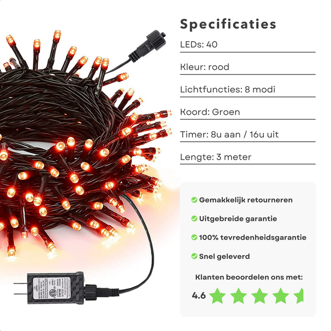 Cheqo® Kerstverlichting - Kerstboomverlichting - Kerstlampjes - Sfeerverlichting - LED Verlichting - Voor Binnen en Buiten - Tuinverlichting - Feestverlichting - Lichtsnoer - Rood - 40 LED's - 3M - Timer - 8 Lichtfuncties - Geheugen Kerstboomverlichting