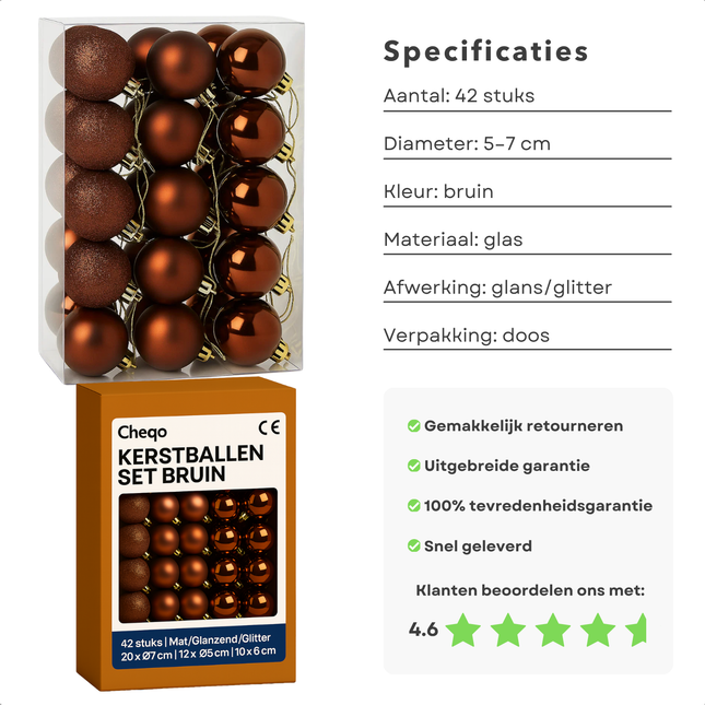 Cheqo® Kerstballen Set - Glazen Kerstballen - Bruine Kerstballen - Kerstboom Decoratie - Set Van 42 - Glimmende Kerstballen - Glitter Kerstballen - Diverse Afmetingen - Kerstballen Set Bruin - Kerstbal Set