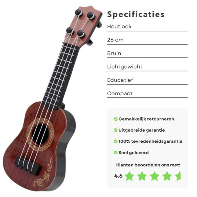 Cheqo® Mini Gitaar voor Kinderen - Speelgoed Gitaar - Houten Speelgoed 26 cm - Educatief Muziekspeelgoed voor Peuters