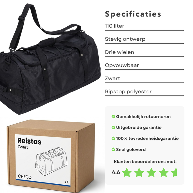 Cheqo® Reistas Met Wielen - Reistas Op Wielen - Reistas Trolley - Trolley Reistas - Weekendtas Met Wielen - Weekendtas Op Wielen - Duffel Met Wielen - Duffelbag Met Wielen - Wheeled Duffel - Sporttas Met Wielen