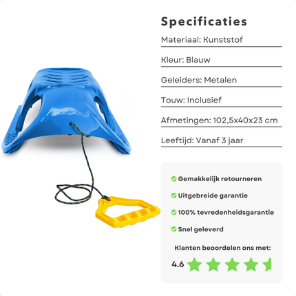 Cheqo® Kunststof Slee voor Kinderen - Rodelen - Blauwe Slee Met Touw - Metalen Geleiders
