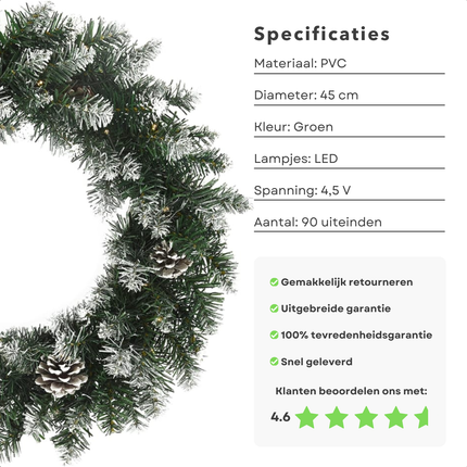 Cheqo® Kerstkrans met Kerstlampjes - LED Verlichting - Deurkrans - Kerstdecoratie - Kerst Krans - 45 cm - Weerbestendig PVC - Voor Binnen en Buiten