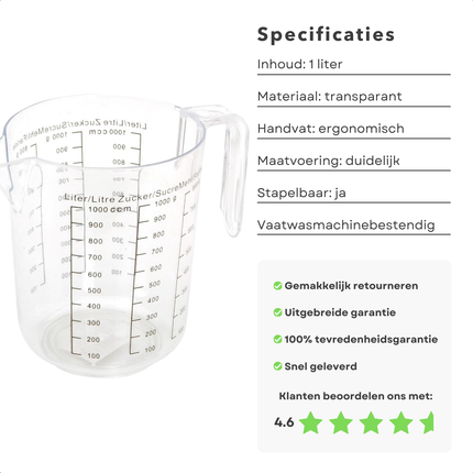 Cheqo® Transparante Maatbeker 1L - Maatkan - Handig voor Bakken - Kunststof Keukenmaatbeker