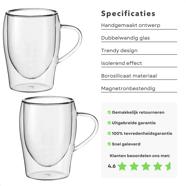 Cheqo® Dubbelwandige Theeglazen - Theeglas - Koffieglazen - Cappuccino Glazen - Latte Macchiato Glazen30cl Borosilicaat - Vaatwasserbestendig - Set van 2