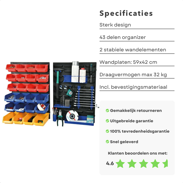 Cheqo® Gereedschapswand - 59 x 42 cm - 43-delige Set - Draagvermogen 32 kg - Bakken - Houders - Ophanghaken - Incl. Bevestigingsmateriaal - Gereedschapsbord - Gereedschapshouder - Ruimtebesparend Design Gereedschapswanden