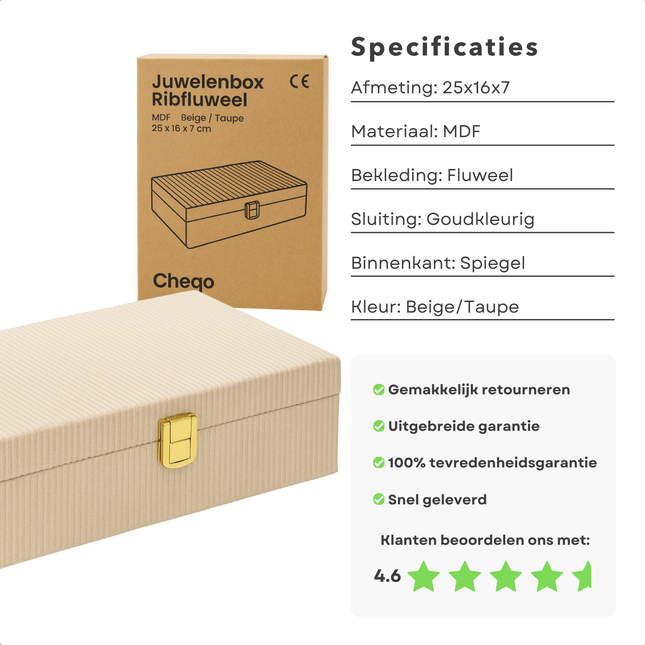 Cheqo® Juwelenbox Ribfluweel - Sieraden Opberger - Sieradendoos - Fluwelen Bekleding - Goudkleurig Slotje - Spiegel Aan De Binnenzijde - Beige Of Taupe - MDF Met Fluweel