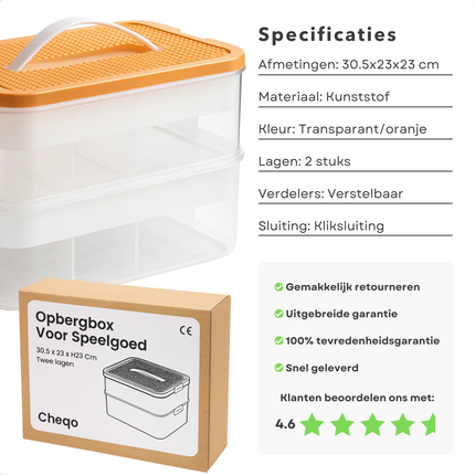 Cheqo® Opbergbox voor Speelgoed - Speelgoed Opbergen - Kunststof Opbergbox - Transparante Opbergbox - Stapelbare Opbergbox - Stevige Kliksluitingen - Inzetbakken en Verdelers - Opbergbox zonder Inhoud - Opbergbox voor Bouwsteentjes