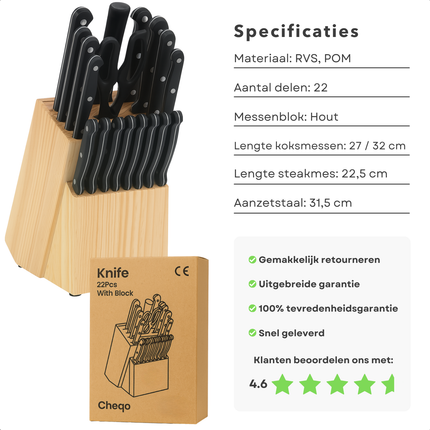 Cheqo® 22-delige Messenset met Houten Messenblok – RVS Keukenmessen Set – Koksmes & Santokumes – Broodmes & Vleesmes – Keukenschaar Inbegrepen – Duurzaam & Ergonomisch – Veilig & Compact Opbergen