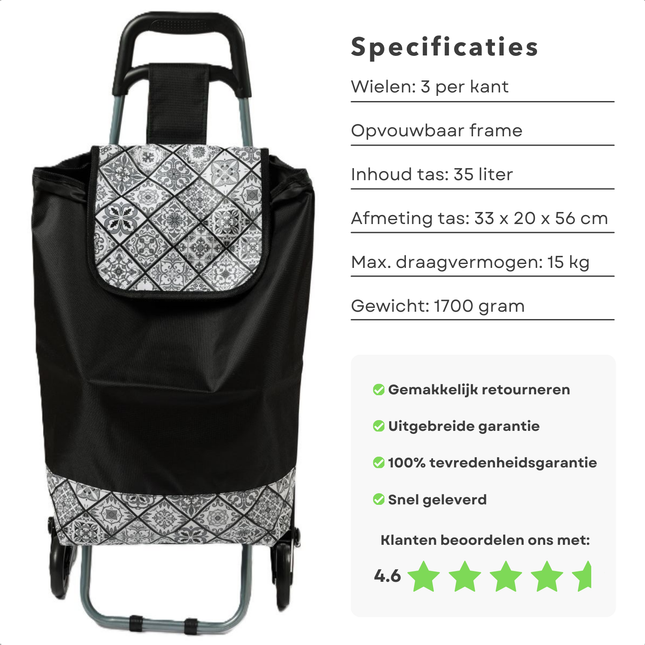 Cheqo® boodschappenwagen met trapklimmende wielen, 35L capaciteit, opvouwbaar ontwerp, en stijlvolle patroonafwerking.