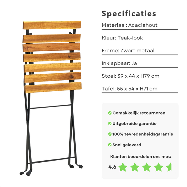 Cheqo® Bistroset - Inklapbare Metalen Tuinmeubelset - Teaklook Bistroset voor Balkon - Tuinset - Tafelset