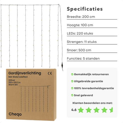 Cheqo® Gordijnverlichting Warm Wit - LED Gordijn - Watervaleffect - 220 LED Lampjes - 200x100 Cm - Lichtgordijn Binnen En Buiten - Kerstverlichting - Transparante Kabel - IP44 Bescherming - 5 Functies Geheugen - Ijspegel Verlichting