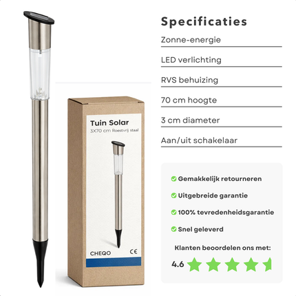 Cheqo® Solar Tuinlamp - Solar Tuinverlichting - Tuinlamp op Zonne Energie - Tuinverlichting op Zonne Energie - Solar Buitenlamp - Buitenlamp op Zonne Energie - Solar Tuinlamp Staand - Staande Solar Lamp - Solar Priklamp
