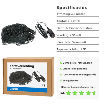 Cheqo® Kerst Netverlichting - Netverlichting Buiten - Warm Wit Licht - 160 LED Lampjes - IP44 - Kerstdecoratie - Kerst Verlichting - 6,5 Meter - Binnen En Buiten - Feestelijke Sfeer - Duurzame Kerstverlichting - LED Netverlichting