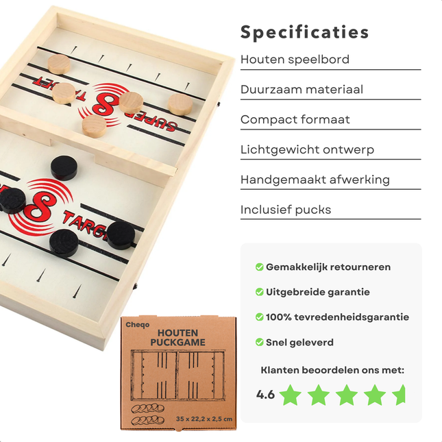 Cheqo® Houten Puckspel - Slingshot Puck Spel - Sjoelen - Tafelspel voor Kinderen - 35 cm - Educatief Speelgoed - 2 Spelers