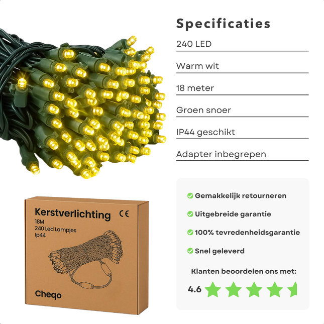 Cheqo® Kerstverlichting - Kerstlampjes - Kerstboomverlichting Buiten en Binnen - 240 LED Lampjes - Warm Wit Licht - LED Lichtsnoer - Geschikt voor Binnen en Buiten - 18 Meter Lichtsnoer - IP44 Beschermklasse