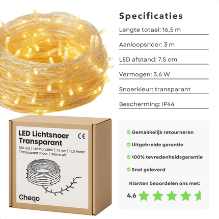 Cheqo® LED Verlichting - 180 LED Lampjes - Warm Wit - Lichtfuncties - Timer Functie - 13.5 Meter Lichtsnoer - Kerstboomverlichting Transparant Snoer - Binnen En Buiten - IP44 Adapter - Kerstverlichting - Lichtslinger - Sfeerverlichting - Kerstlampjes