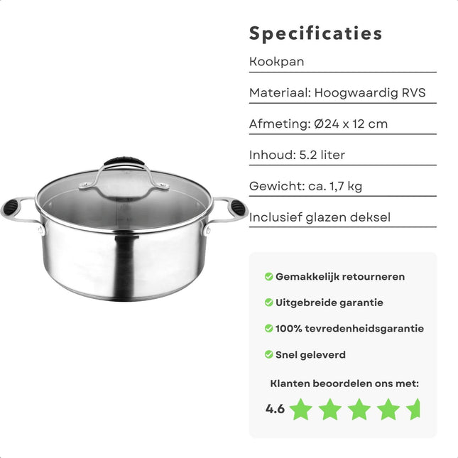 Cheqo® Kookpan - RVS - Ø24 cm - 5.2L - Glazen Deksel - Inductiegeschikt - Vaatwasserbestendig - Siliconen Handvatten - Maataanduiding - Lange Levensduur - Glazen deksel - Voor Alle Warmtebronnen Kookpannen