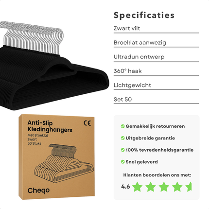 Cheqo® Anti-Slip Kledinghangers - Kledinghangers Met Broeklat - Zwarte Kledinghangers - 360 Graden Draaibare Haak - Ruimtebesparende Hangers - Set Van 50 Stuks - Ultradunne Hangers - Flexibele Kleerhangers - Verchroomde Haak