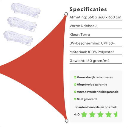 Cheqo® Schaduwdoek Driehoek - Terra Rood - Waterafstotend Polyester 100% - Compleet met Touw - Verpakt in Afsluitbare Draagzak - 360x360x360cm