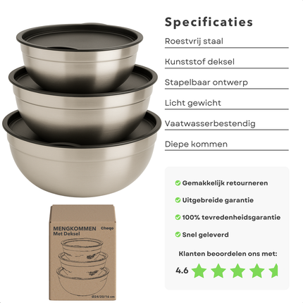 Cheqo® RVS Mengkommen Set - Mixkom - Beslagkommen Set - Mengkom Set - Beslagkom Stapelbaar en Met Deksel - 3-delig - RVS