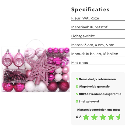 Cheqo® 108-delige Onbreekbare Kerstballen Set - Kerstballenset - Wit en Roze - Kunststof Decoratie - Lichtgewicht