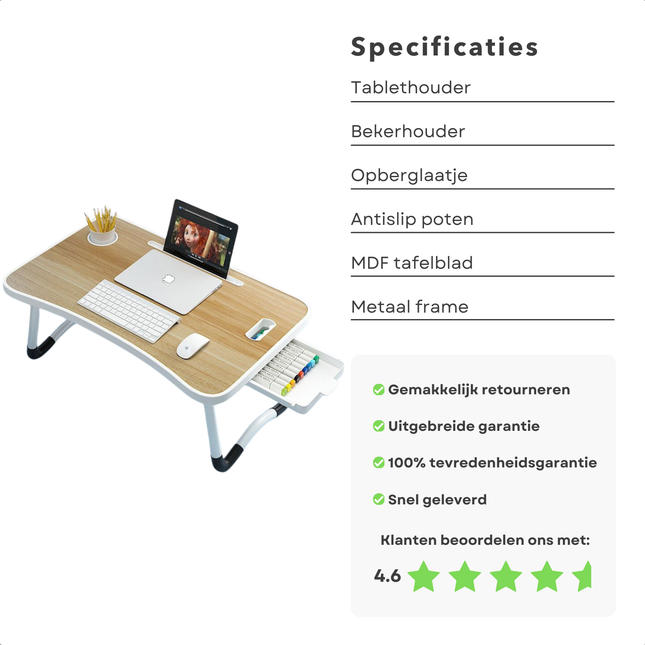 Cheqo® opklapbare laptoptafel met tablethouder, bekerhouder, en opberglaatje, gemaakt van MDF en metaal voor stabiliteit en gemak.