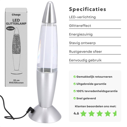 Cheqo® LED Glitterlamp - Glitter Lamp - Multicolor - Nachtlamp Kind - Sfeerverlichting 35 cm - Zilver