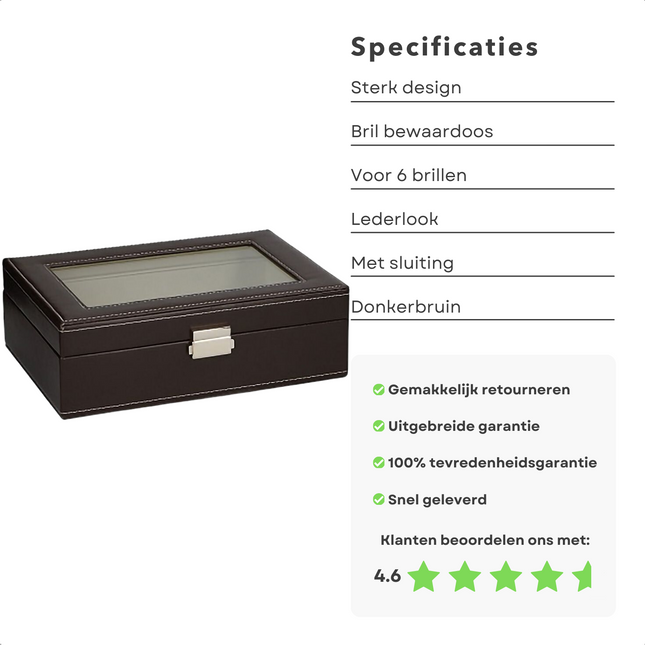 Cheqo® Brillendoos - Brillenhouder - Brillenhoes - Brillenkoker - 6 Brillen - Lederlook - Bruin - Met Sluiting - 40cm x 20cm x 12cm - Zonnebrillen - Opbergdoos - Opbergbox