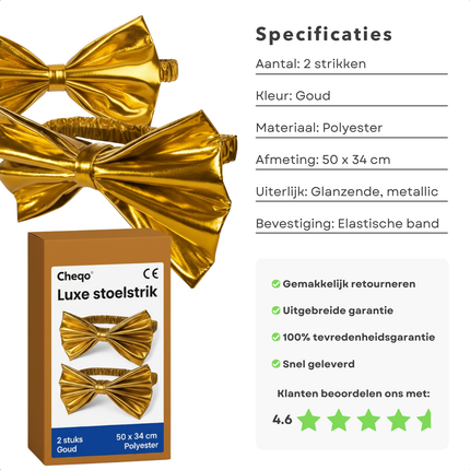 Cheqo® Kerst Stoelstrik - Stoelstrik Goud - Set Van 2 - Stoeldecoratie Kerst - Gouden Strik - Kerstdecoratie Stoel - Feestelijke Stoelstrik - Kerstversiering Stoel - Decoratieve Strik - Stoelstrik Set - Kerst Strik