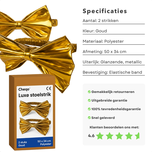 Cheqo® Kerst Stoelstrik - Stoelstrik Goud - Set Van 2 - Stoeldecoratie Kerst - Gouden Strik - Kerstdecoratie Stoel - Feestelijke Stoelstrik - Kerstversiering Stoel - Decoratieve Strik - Stoelstrik Set - Kerst Strik