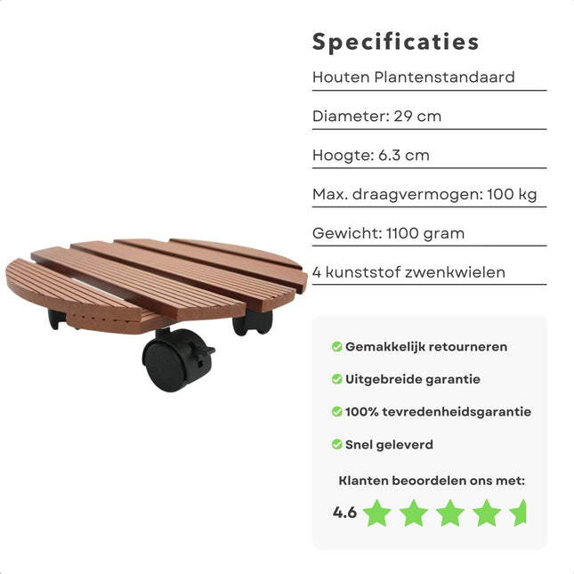 Cheqo® Houten Plantentrolley - Bruin - Ø29 cm - 100 kg Draagvermogen - Met Zwenkwielen en Rem - Plantenroller - Planten Trolley op Wieltjes - Plantenonderzetter - Hout - Bruin - Sfeervol Design Plantentrolleys