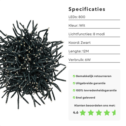 Maxi Cluster Kerstverlichting - 800 Led - 12M - Wit - Timer - Lichtfuncties - Geheugen - Buiten Kerst