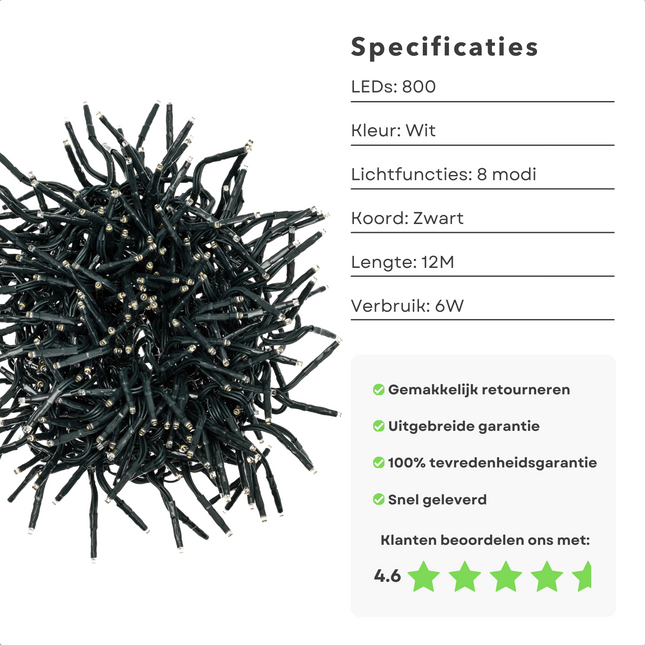 Maxi Cluster Kerstverlichting - 800 Led - 12M - Wit - Timer - Lichtfuncties - Geheugen - Buiten Kerst