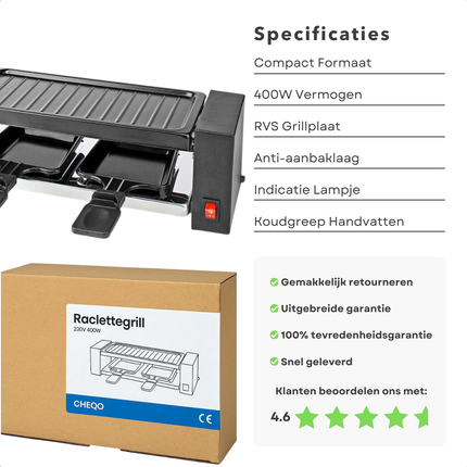 Cheqo® Raclette Grill - Gourmet Set - Anti-Aanbaklaag Grillplaat - Compacte Grill - Anti-Slip Voetjes - Mini Pannetjes - Zwitserse Raclette - Kerst Gourmet Set - Gourmetten - Grill Plaat - Gourmetstel