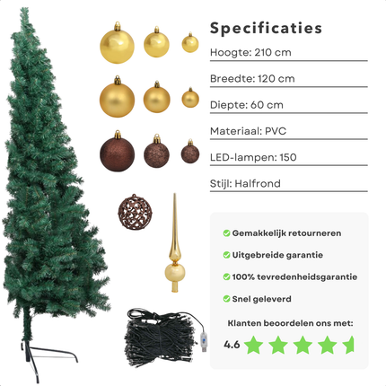 Cheqo® Kerstboom - Kunstkerstboom met Verlichting - Halve Boom 210 cm - PVC Groen - Ruimtebesparend