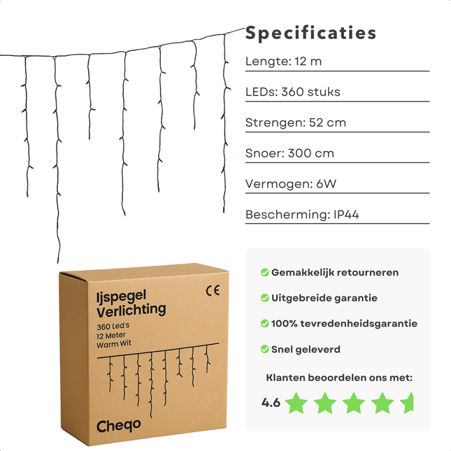 Cheqo® Ijspegel Verlichting - Lichtgordijn - 360 LED's - 12 Meter - Warm Wit - Binnen En Buiten - LED Lampjes - Kerstverlichting - IP44 Adapter - 3 Meter Aanloopsnoer - Lange En Korte Strengen - 52 cm Strengen - Energiezuinig