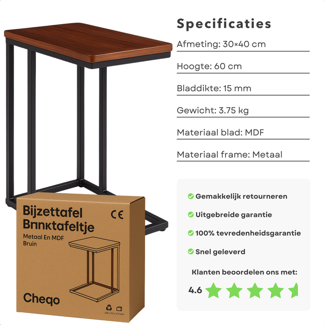 Cheqo® Bijzettafel - Bedtafel - Laptoptafel - Banktafel - Bijzettafeltje - Salontafel - Bijzet Tafel - Metaal - Marmeren MDF Tafelblad - Kleine Moderne Tafel - Bruin